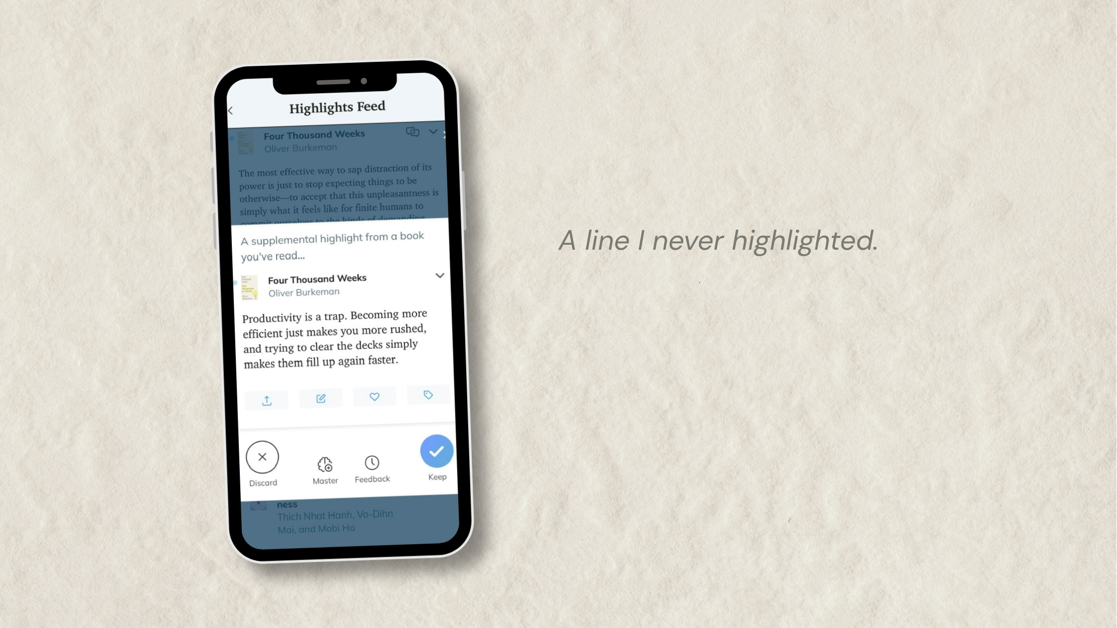 Readwise daily review showing a supplemental highlight from Four Thousand Weeks by Oliver Burkeman