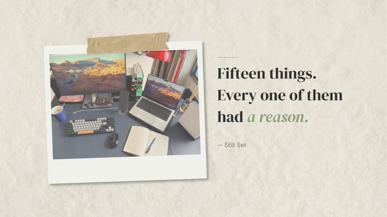 What to keep when decluttering — a desk with fifteen individually justifiable objects on it